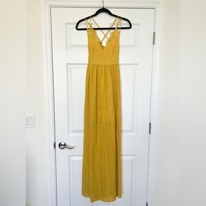Women’s Yellow Crochet Cross Strap Maxi Dress, Size M